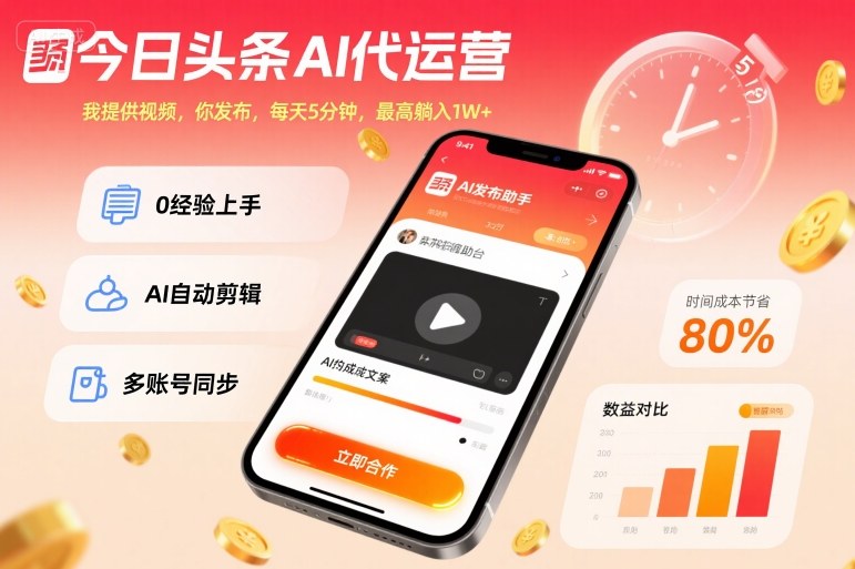 今日头条AI代运营，我提供视频，你发布，每天5分钟，最高躺入1W+【揭秘】-玩备项目资源网