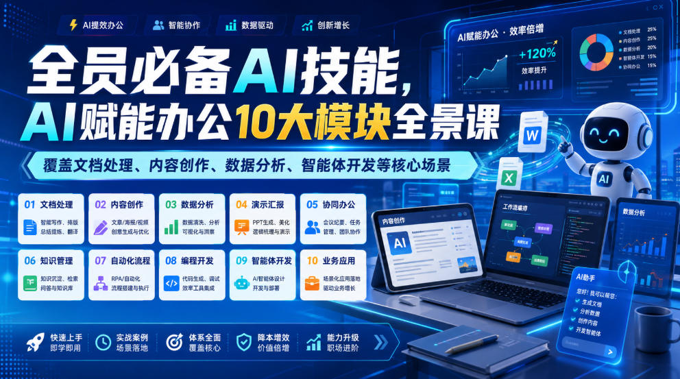 全员必备AI技能,AI赋能办公10大模块全景课,覆盖文档处理、内容创作、数据分析、智能体开发等核心场景-玩备项目资源网