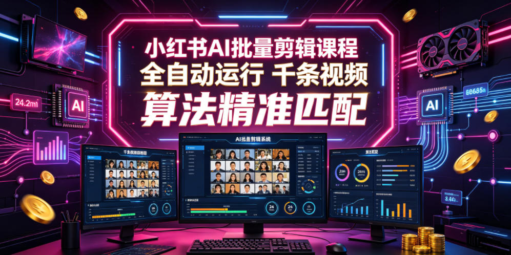 小红书AI批量剪辑课程，24小时全自动运行，解放双手专注运营，千条视频批量处理，小红书算法精准匹配-玩备项目资源网