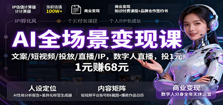 AI全场景变现课：文案/短视频/投放/直播/IP，数字人直播，投1元赚68元-玩备项目资源网