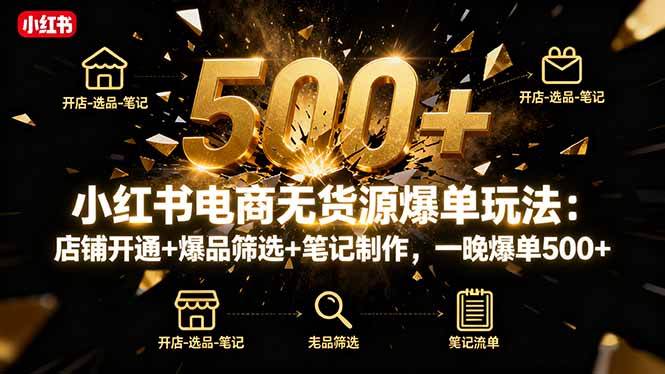（16256期）小红书电商无货源爆单玩法：店铺开通+爆品筛选+笔记制作，一晚爆单500+-玩备项目资源网