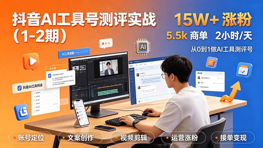 （19380期）抖音AI工具号测评实战（1-2期）：单号涨粉15W+×商单5.5k×伙伴计划×普通人可复制，每天2小时长期可持续-玩备项目资源网