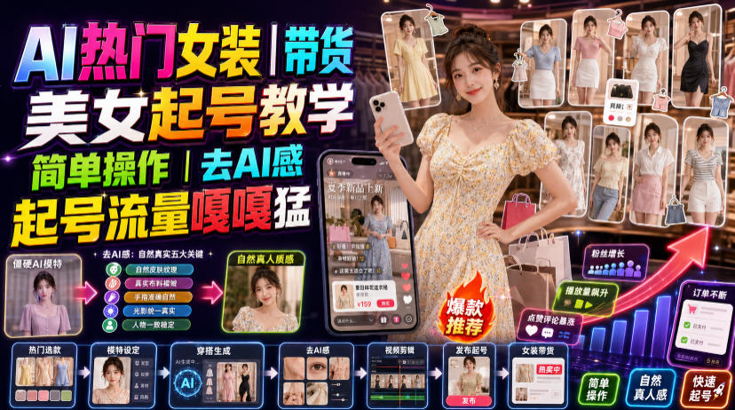 AI热门女装带货丨美女起号教学,简单操作,去AI感,起号流量嘎嘎猛-玩备项目资源网