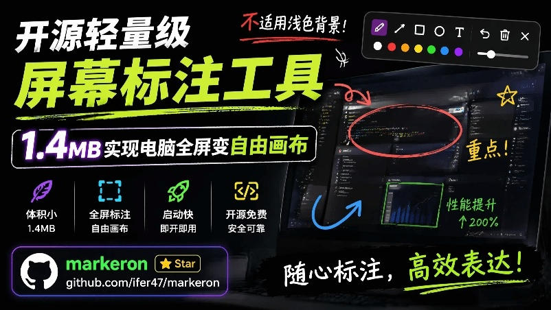 开源轻量级屏幕标注工具,1.4MB实现电脑全屏变自由画布!支持8种标注工具和全键盘操控MarkerOn-玩备项目资源网