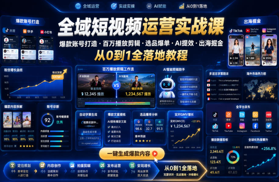 全域短视频运营实战课,爆款账号打造・百万播放剪辑・选品爆单・AI提效・出海掘金,从0到1全落地教程-玩备项目资源网