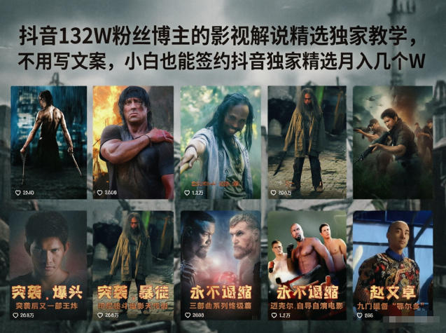 抖音132W粉丝博主的影视解说精选独家教学，不用写文案，小白也能签约抖音独家精选月入几个W-玩备项目资源网