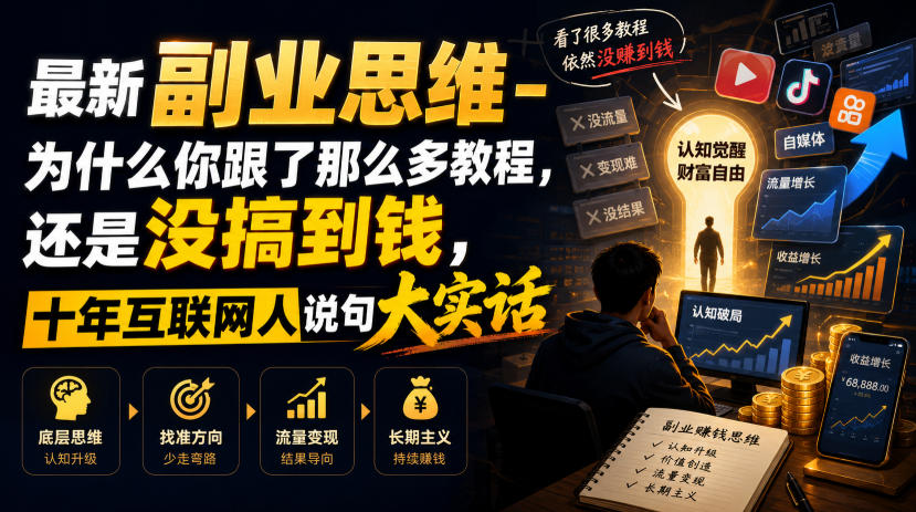 最新副业思维-为什么你跟了那么多教程,还是没搞到钱,十年互联网人说句大实话【揭秘】-玩备项目资源网