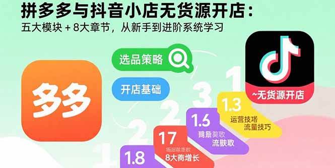 （15805期）拼多多与抖音小店无货源开店：五大模块+8大章节，从新手到进阶系统学习-玩备项目资源网