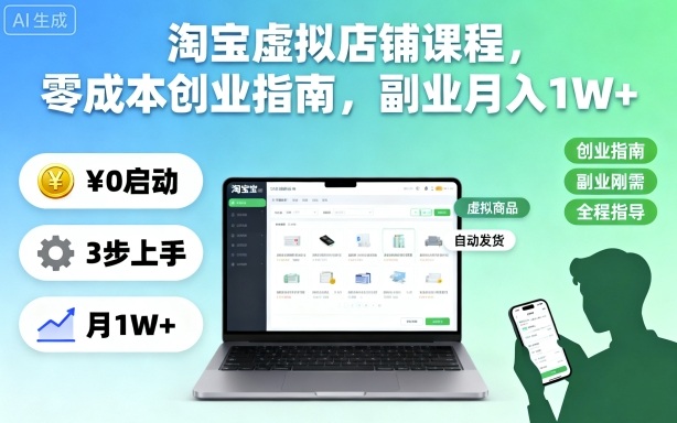 淘宝虚拟店铺课程，零成本创业指南，副业月入1W+-玩备项目资源网