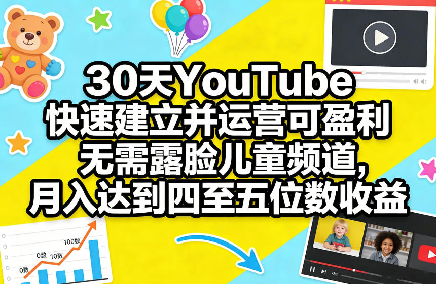30天YouTube快速建立并运营可盈利无需露脸儿童频道，月入达到四至五位数收益-玩备项目资源网
