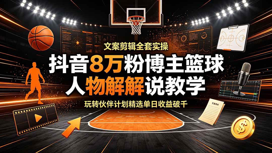 （19135期）抖音8万粉博主篮球人物解说教学，文案剪辑全套实操，玩转伙伴计划精选单日收益破千-玩备项目资源网