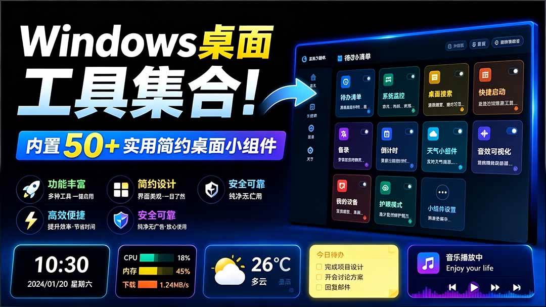 （19585期）Windows桌面工具集合！内置50+实用简约桌面小组件，含截图、录屏、翻译、天气等，多秘工具箱-玩备项目资源网