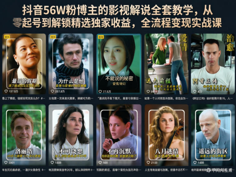 抖音56W粉博主的影视解说全套教学，从零起号到解锁精选独家收益，全流程变现实战课-玩备项目资源网