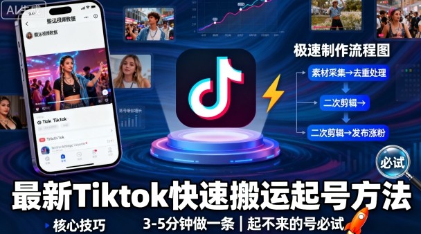 最新Tiktok快速搬运快速起号方法，3-5分钟做一条，起不来的号可以试试-玩备项目资源网