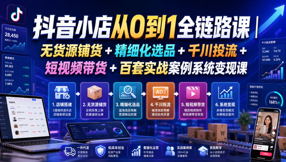 抖音小店从0到1全链路课|无货源铺货+精细化选品+千川投流+短视频带货+百套实战案例系统变现课(2026年7月更新)-玩备项目资源网