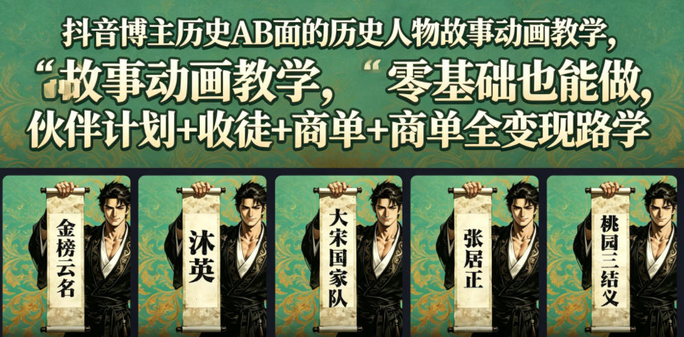 抖音博主历史AB面的历史人物故事动画教学,零基础也能做,伙伴计划+收徒+商单全变现路径教学-玩备项目资源网