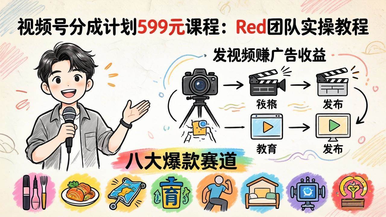 （18088期）视频号分成计划599元课程：Red团队实操教程，发视频赚广告收益，八大爆款赛道全掌握-玩备项目资源网