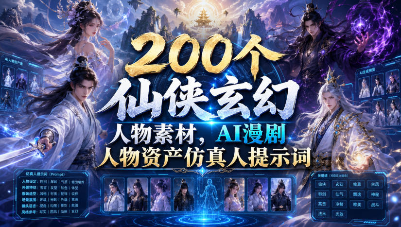 200个仙侠玄幻人物素材,AI漫剧人物资产仿真人提示词-玩备项目资源网