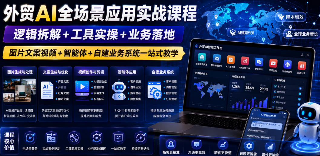 外贸AI全场景应用实战课程｜逻辑拆解+工具实操+业务落地，图片文案视频+智能体+自建业务系统一站式教学-玩备项目资源网