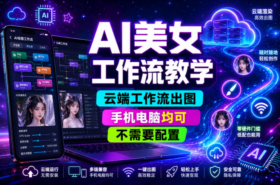 AI美女工作流教学,云端工作流出图,手机电脑均可,不需要配置,快速起号涨粉-玩备项目资源网
