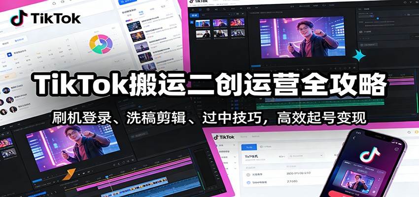 TikTok搬运二创运营全攻略：刷机登录、洗稿剪辑 、过中技巧，高效起号变现-玩备项目资源网