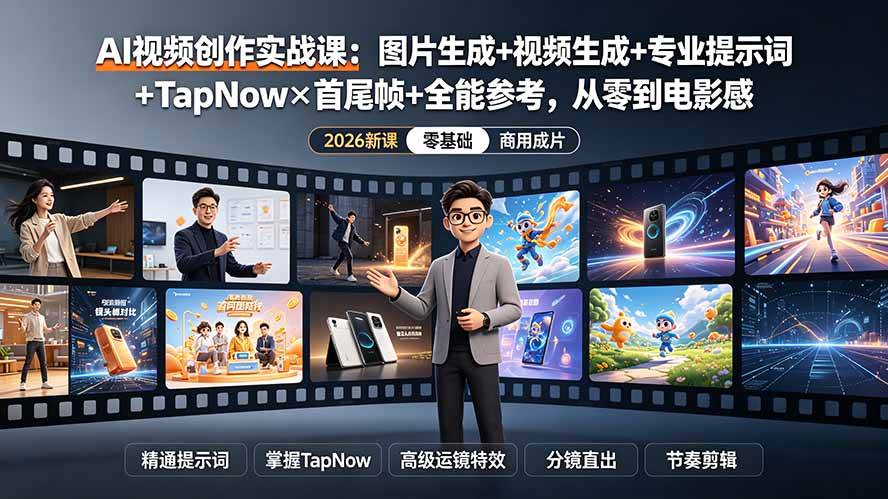 （19383期）AI视频创作实战课：图片生成+视频生成+专业提示词+TapNow×首尾帧+全能参考，从零到电影感成片-玩备项目资源网