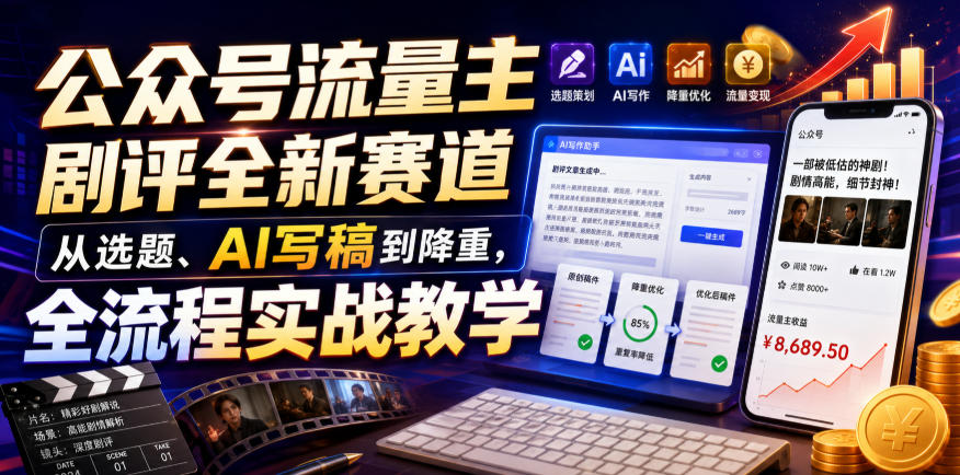 公众号流量主剧评全新赛道,从选题、AI写稿到降重,全流程实战教学-玩备项目资源网