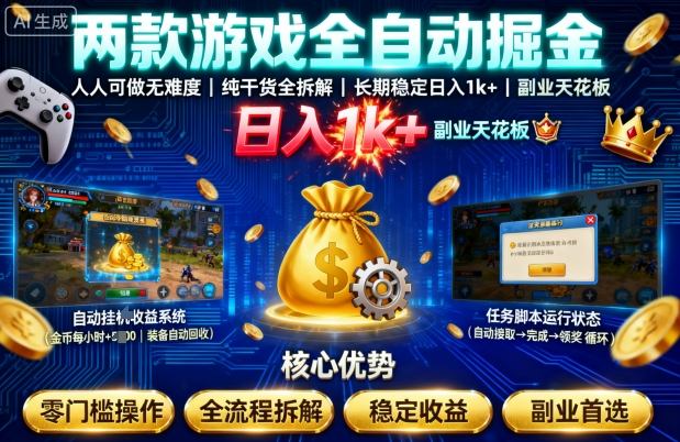 两款游戏全自动掘金，人人可做无难度，纯干货全拆解，长期稳定，日入1k+，副业天花板【揭秘】-玩备项目资源网