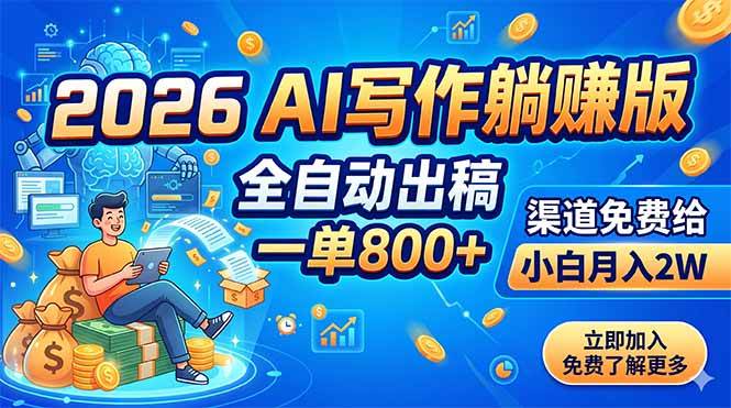 (18885期)2026 AI写作躺赚版:全自动出稿,一单800+,渠道免费给,小白月入2W-玩备项目资源网