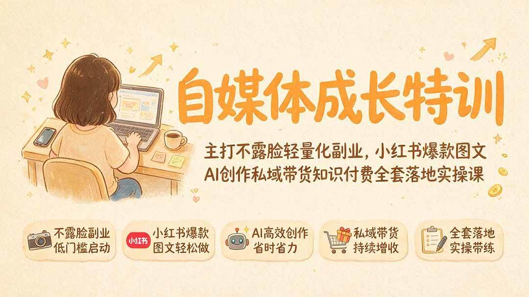 （19584期）自媒体成长特训｜主打不露脸轻量化副业，小红书爆款图文AI创作私域带货知识付费全套落地实操课-玩备项目资源网