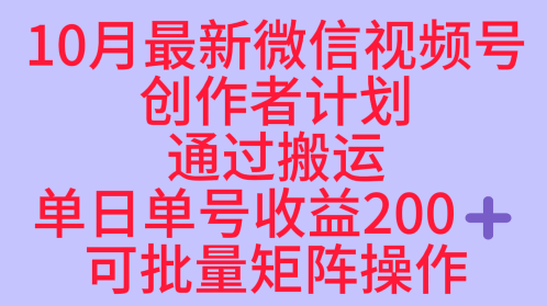 10月最新视频号收益最大化赛道长久稳定红利项目，单日单号收益2张+可批量矩阵操作-玩备项目资源网