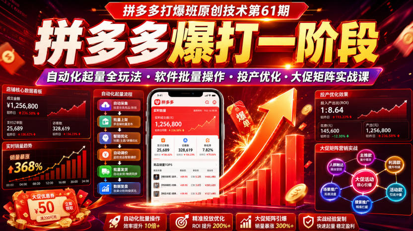 拼多多打爆班原创技术第61期,拼多多爆打一阶段,自动化起量全玩法・软件批量操作・投产优化・大促矩阵实战课-玩备项目资源网