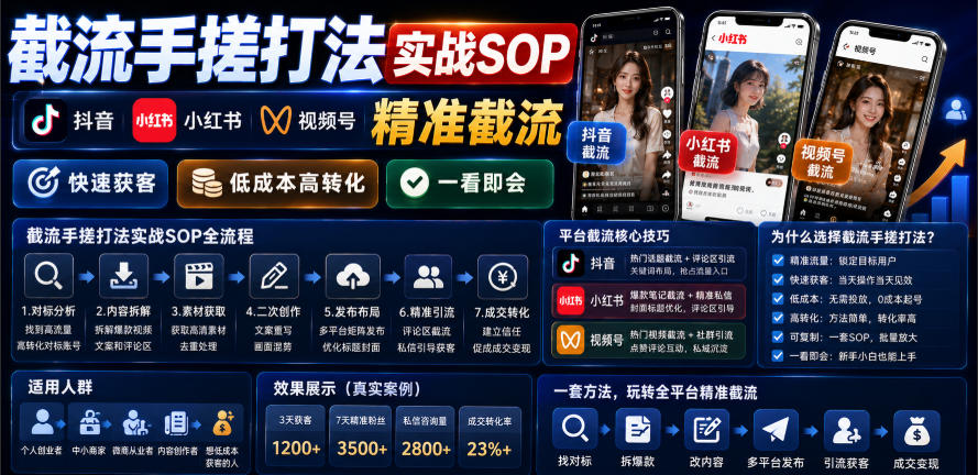 截流手搓打法实战SOP,抖音小红书视频号精准截流,快速获客,低成本高转化,一看即会-玩备项目资源网
