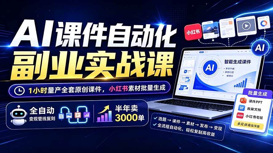 (19518期)AI课件自动化副业实战课:1小时量产全套原创课件×小红书素材批量生成×全自动变现管线×半年卖3000单-玩备项目资源网