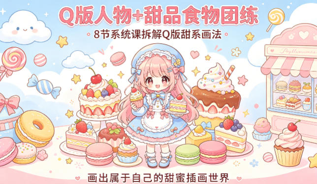 Q版人物+甜品食物团练，8节系统课拆解Q版甜系画法，画出属于自己的甜蜜插画世界-玩备项目资源网