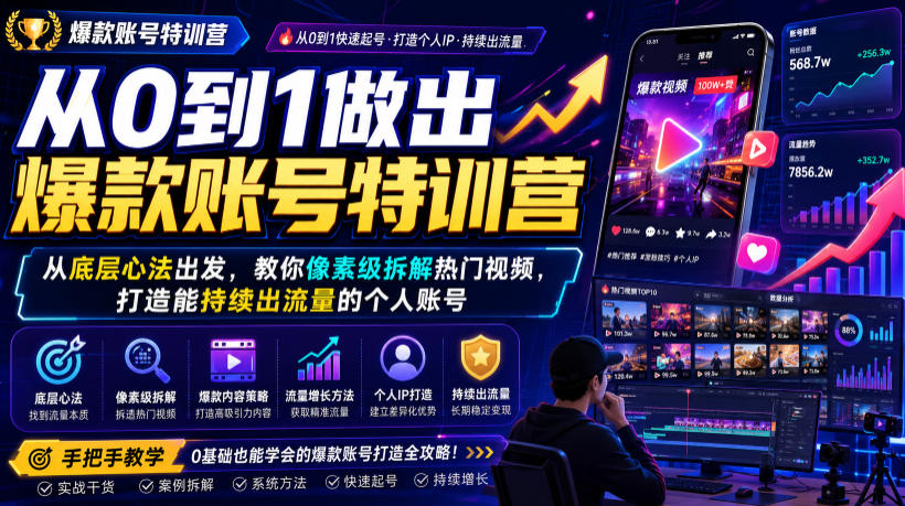 从0到1做出爆款账号特训营,从底层心法出发,教你像素级拆解热门视频,打造能持续出流量的个人账号-玩备项目资源网