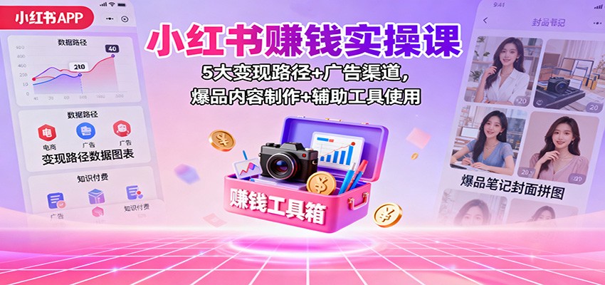 小红书赚钱实操课：5大变现路径+广告渠道，爆品内容制作+辅助工具使用-玩备项目资源网
