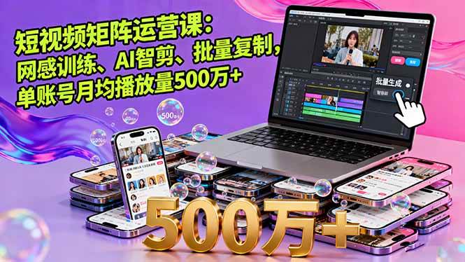 （16168期）短视频矩阵运营课：网感训练、AI智剪、批量复制，单账号月均播放量500万+-玩备项目资源网
