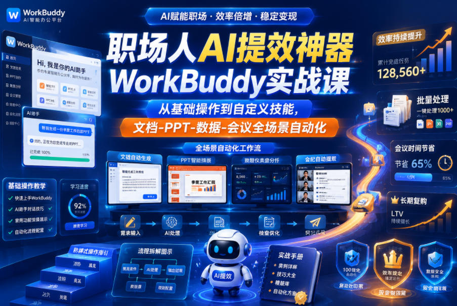 职场人AI提效神器WorkBuddy实战课，从基础操作到自定义技能，文档-PPT-数据-会议全场景自动化-玩备项目资源网
