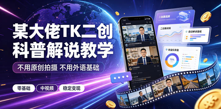 某大佬TK二创科普解说教学，不用原创拍摄不用外语基础，零基础做TikTok中视频稳定变现-玩备项目资源网