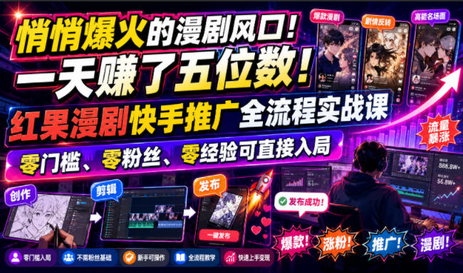 悄悄爆火的漫剧风口！一天賺了五位数！红果漫剧快手推广全流程实战课，零门槛、零粉丝、零经验可直接入局-玩备项目资源网