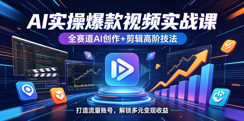 AI实操爆款视频实战课，全赛道AI创作+剪辑高阶技法，打造流量账号，解锁多元变现收益-玩备项目资源网