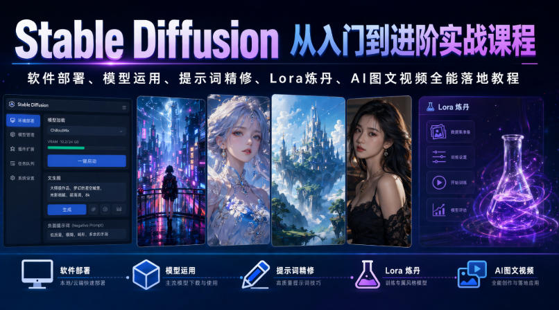Stable Diffusion从入门到进阶实战课程｜软件部署、模型运用、提示词精修、Lora炼丹、AI图文视频全能落地教程-玩备项目资源网