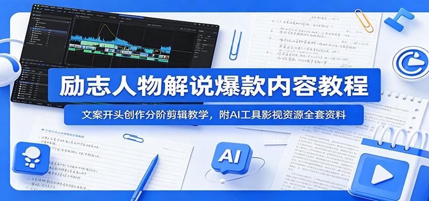 励志人物解说爆款内容教程：文案开头创作分阶剪辑教学，附AI 工具影视资源全套资料-玩备项目资源网
