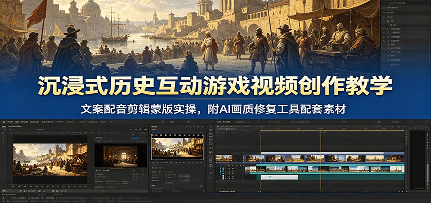 沉浸式历史互动游戏视频创作教学:文案配音剪辑蒙版实操,附AI画质修复工具配套素材-玩备项目资源网
