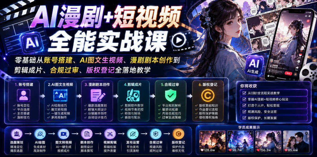 AI漫剧+短视频全能实战课｜零基础从账号搭建、AI图文生视频、漫剧剧本创作到剪辑成片、合规过审、版权登记全落地教学-玩备项目资源网
