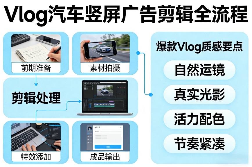 Vlog感觉汽车竖屏广告剪辑脚本全流程,拿捏爆款Vlog质感-玩备项目资源网