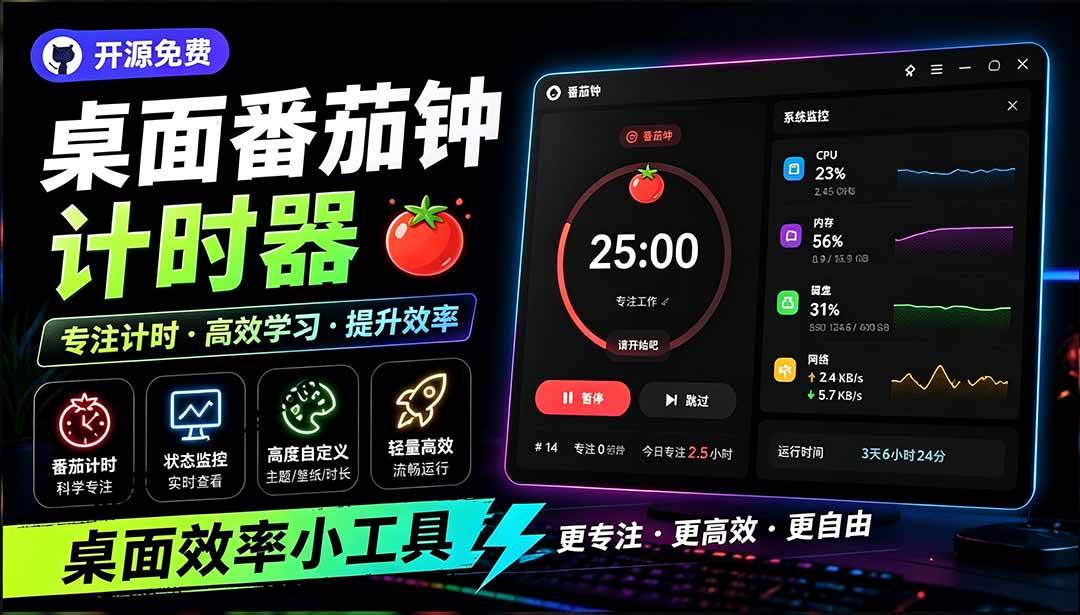 (19564期)仅1.16MB,开源极简的桌面时钟、番茄钟计时器,还支持系统监控显示,桌面效率小工具 Catime-玩备项目资源网