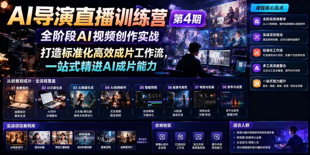 AI导演直播训练营第4期|全阶段AI视频创作实战,打造标准化高效成片工作流,一站式精进AI成片能力-玩备项目资源网