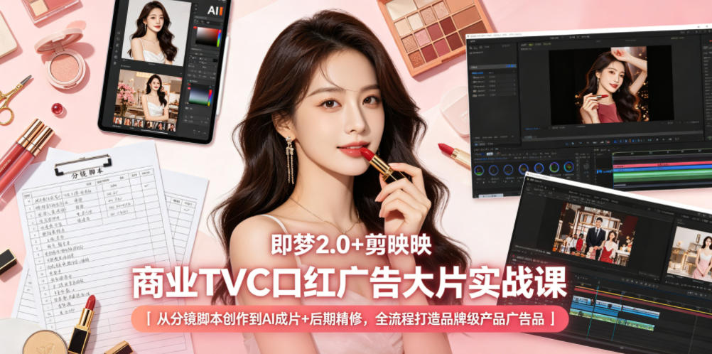 即梦2.0+剪映商业TVC口红广告大片实战课｜从分镜脚本创作到AI成片+后期精修，全流程打造品牌级产品广告-玩备项目资源网